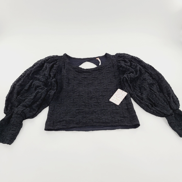 FREE PEOPLE Tea Time Balloon Sleeve Lace Top Women Size L Black NWT - Picture 2 of 7